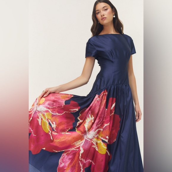 NWT Hutch Atley Dress Gown in Navy Raspberry Shantung in Size Small - Picture 3 of 12